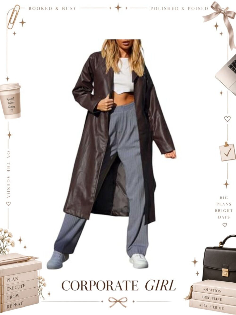 Women's PU Faux Leather Long Trench Coat Belted Open Front